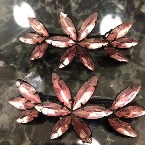 Pink rhinestone marquis flower hair barrettes vintage 1980 clips